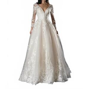 NEW STELLA COUTURE long sleeve lace applique wedding dress in champagne